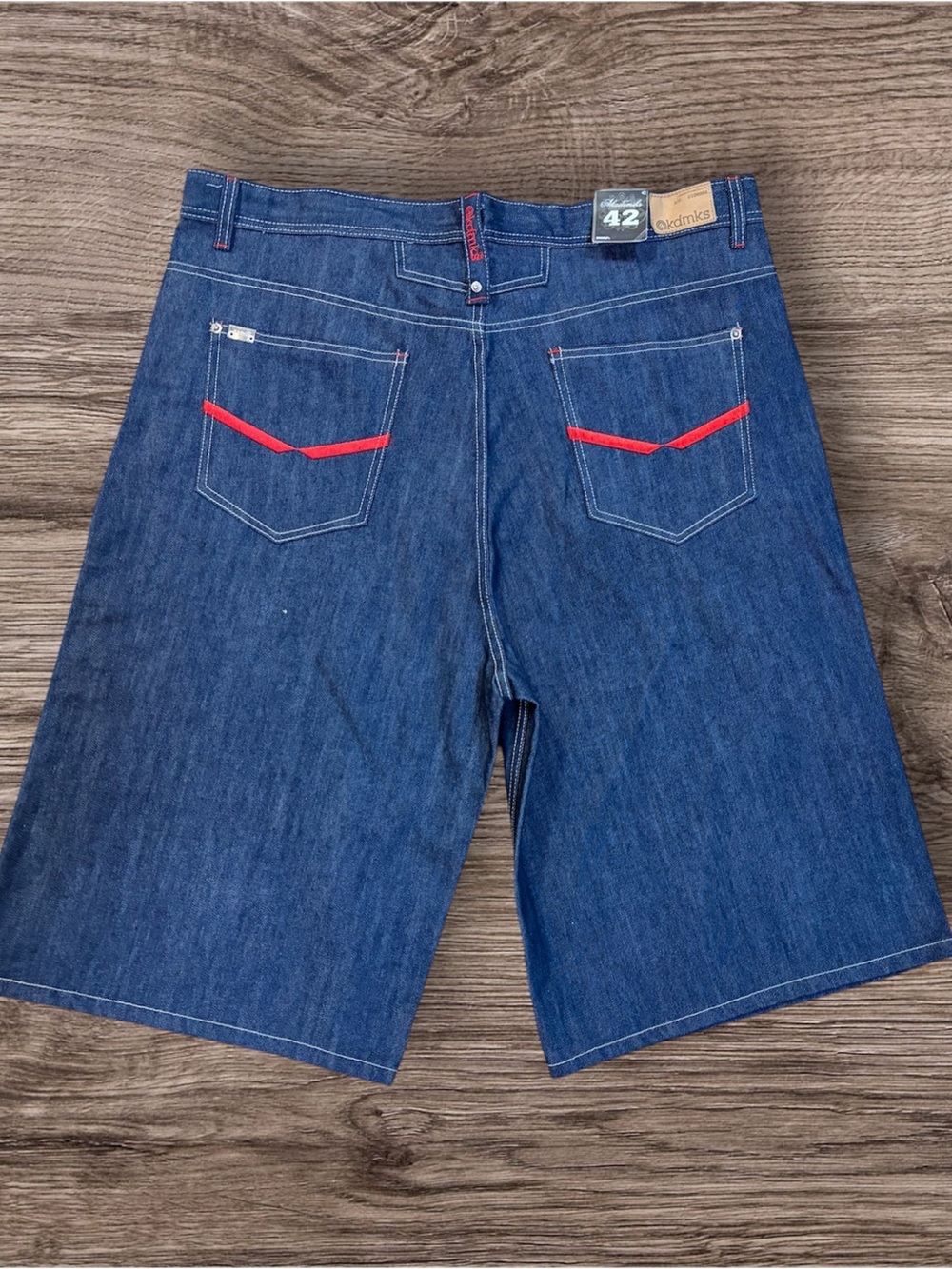 Akademiks Dark Blue Denim Shorts with Red Pocket Trim